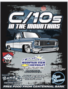 Classic Chevy C/10 truck in the mountains, vintage style poster.