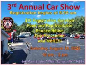 Flyer for 3rd Annual Car Show with food, bounce house, and fire prevention.