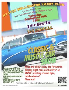 Classic muscle cars show and fireworks event poster.