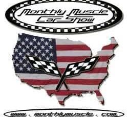 Logo of Monthly Muscle Car Show with American flag and racing theme.